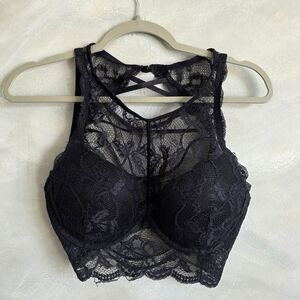 La Senza Lacey Halter Crop Bralette Strappy Back Lace 36C